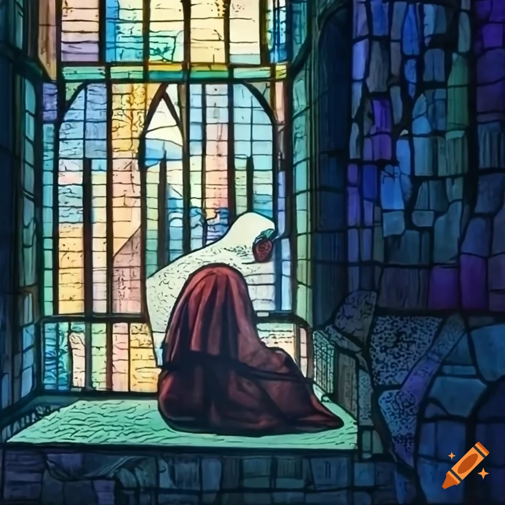 Cistercian monk praying in an abbey with colorful stained glass windows in the style of Hokusai
