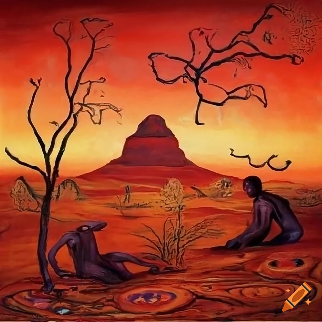 Dreamtime Stories Australia panorama depicting creation of men in a desert setting with red sky