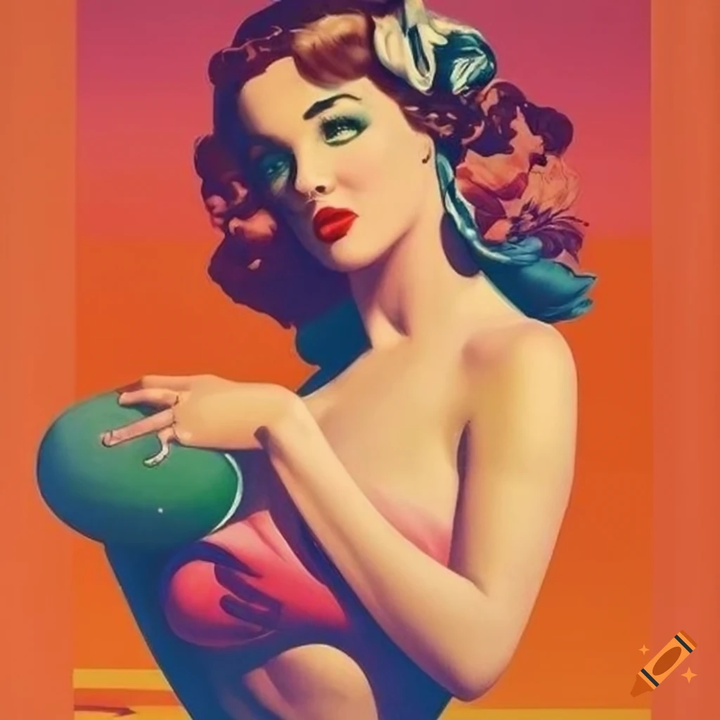 Vintage travel poster featuring a pinup model with fine details and sculpted features