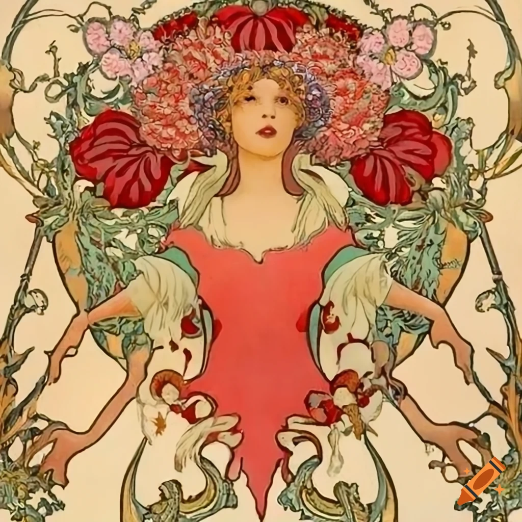 Floral artwork inspired by Eyvind Earle, Alphonse Mucha, and William Morris in art nouveau style