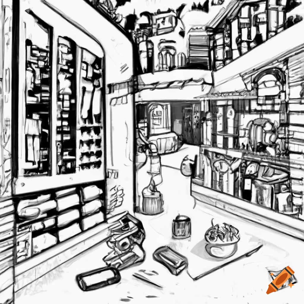 Inside of a general store on an alien world with futuristic elements, black and white pencil drawing
