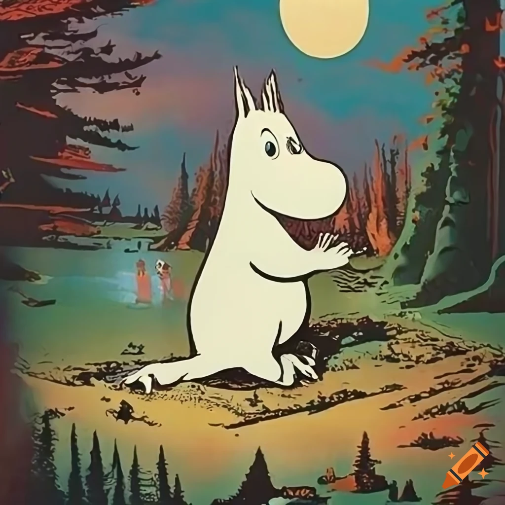 Vintage poster of Moomin Valley with a graphic novel villain pinup