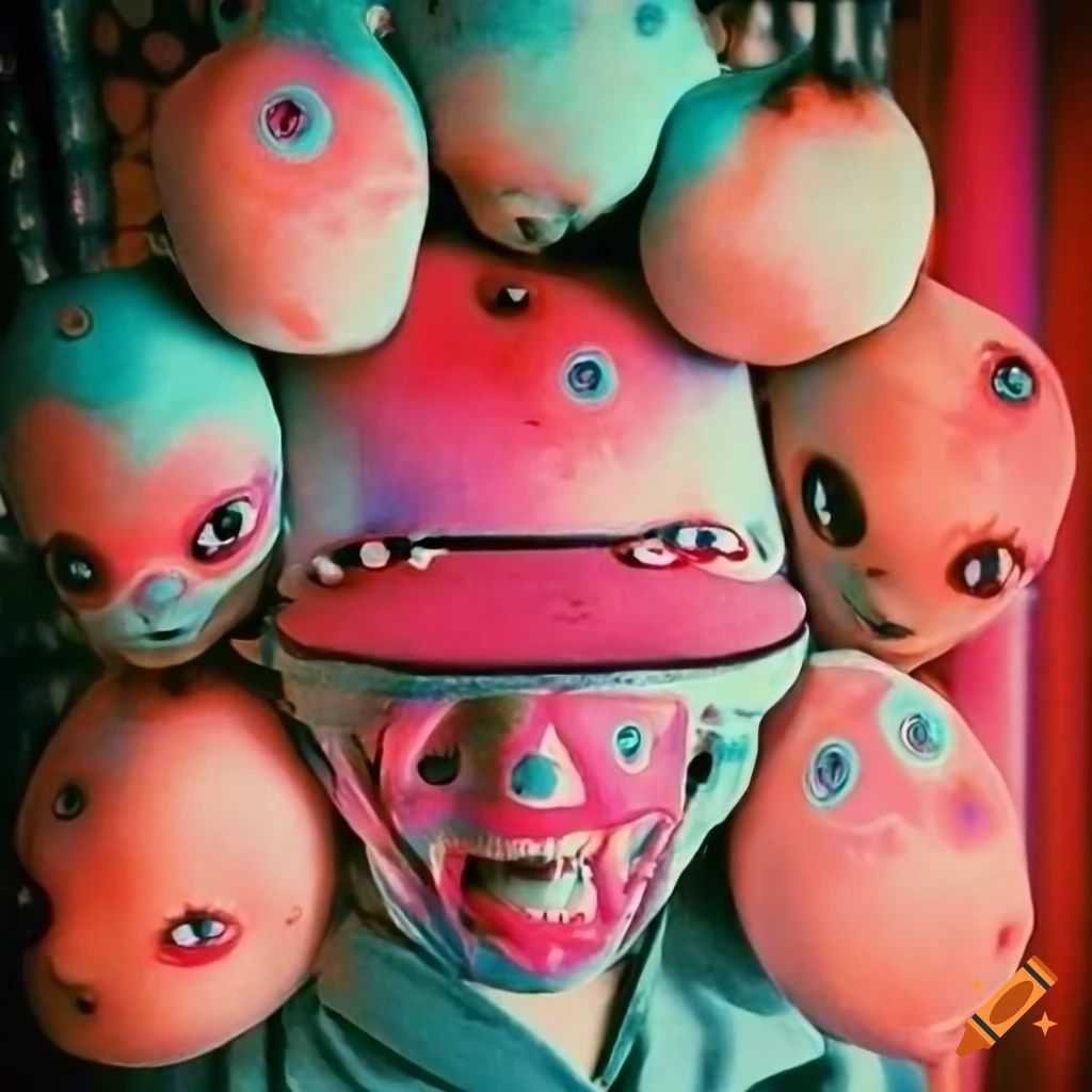 Surreal 35mm film photo of kawaii creatures in an art gallery
