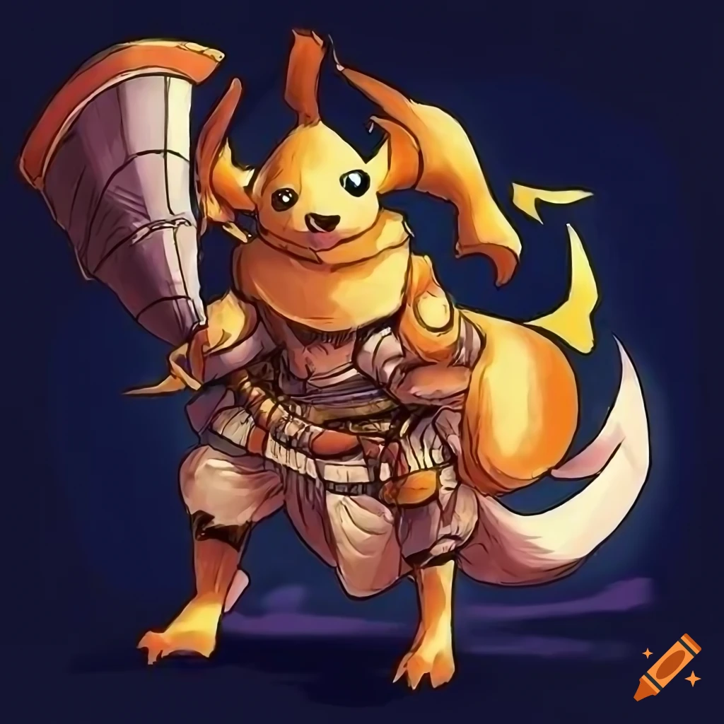 Anthro Raichu warrior in fantasy armor inspired by JoJo's Bizarre Adventure