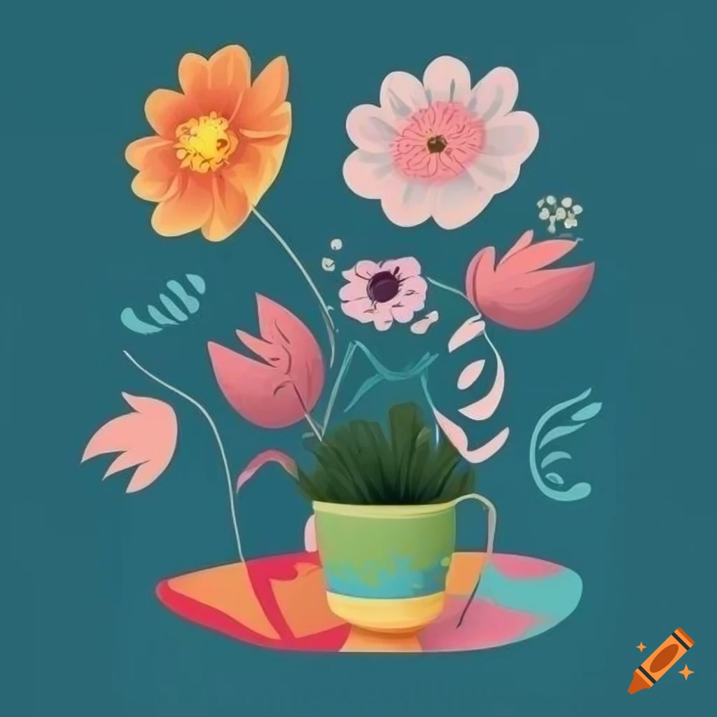 Surrealist flat design of decorative pot and two eye-shaped flowers on a table with patterned tablecloth and morning window