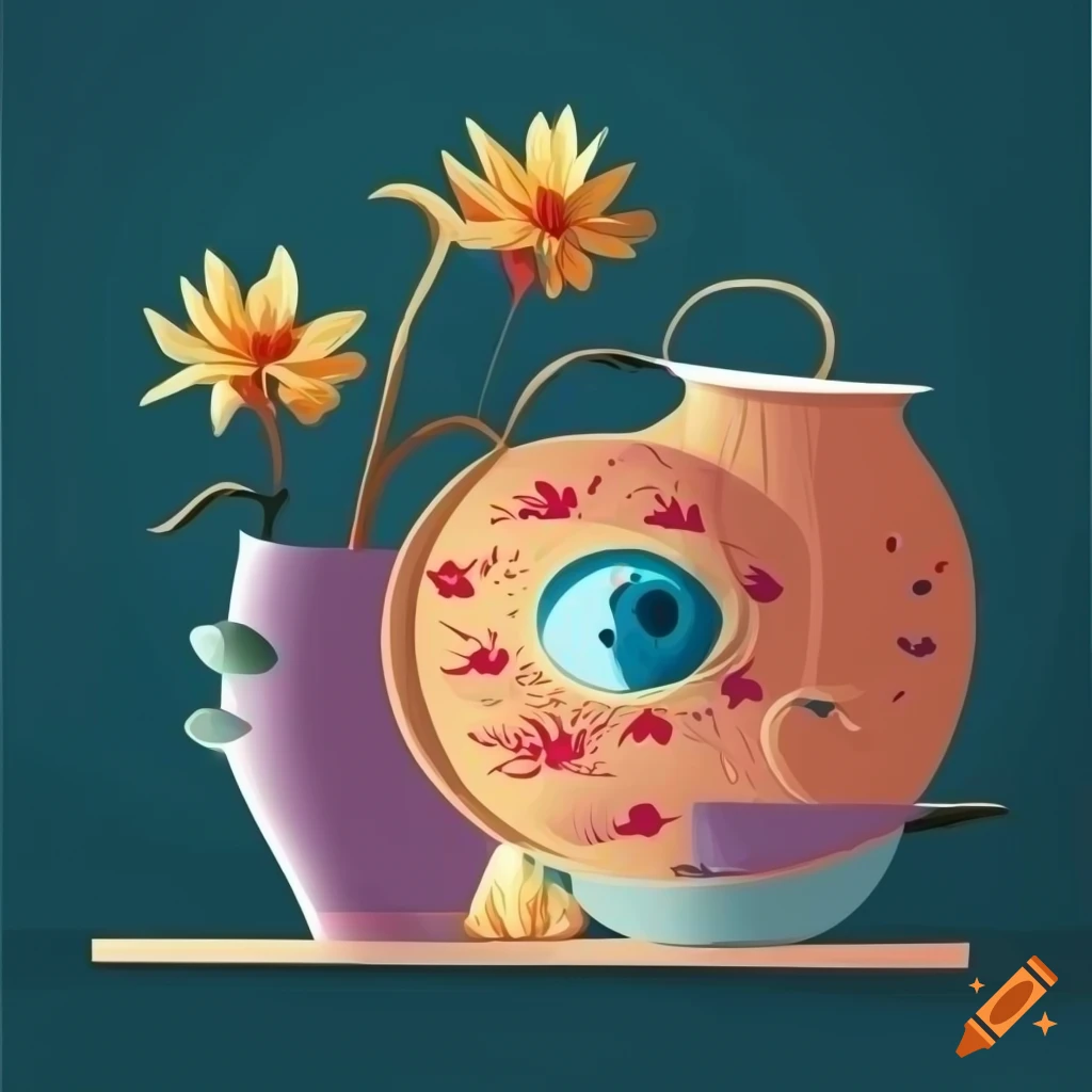 Surreal flat design of decorative pot and flowers with an eye in the center of the petals, on a table with patterned tablecloth and a morning window