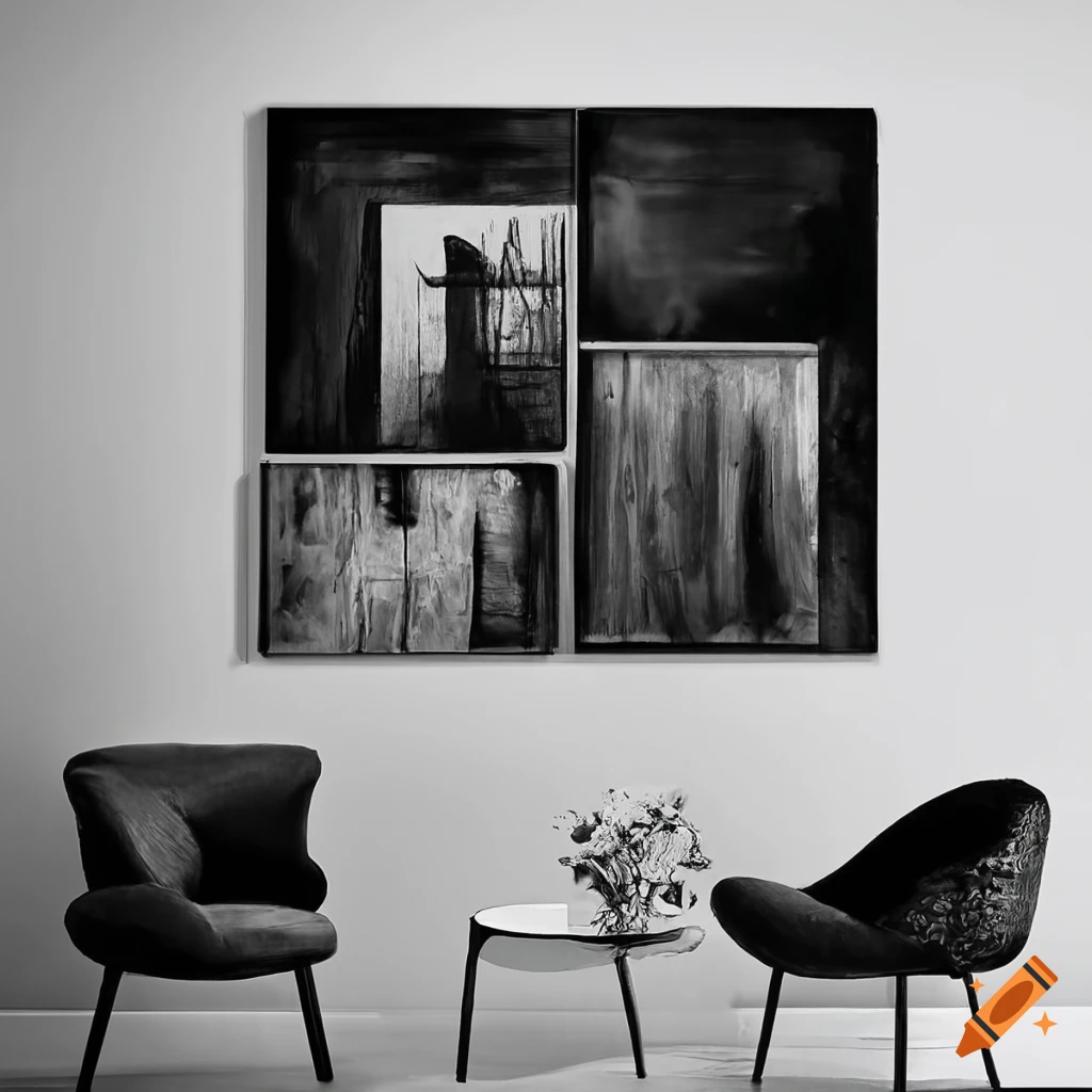Gallery wall filled with black and white paintings