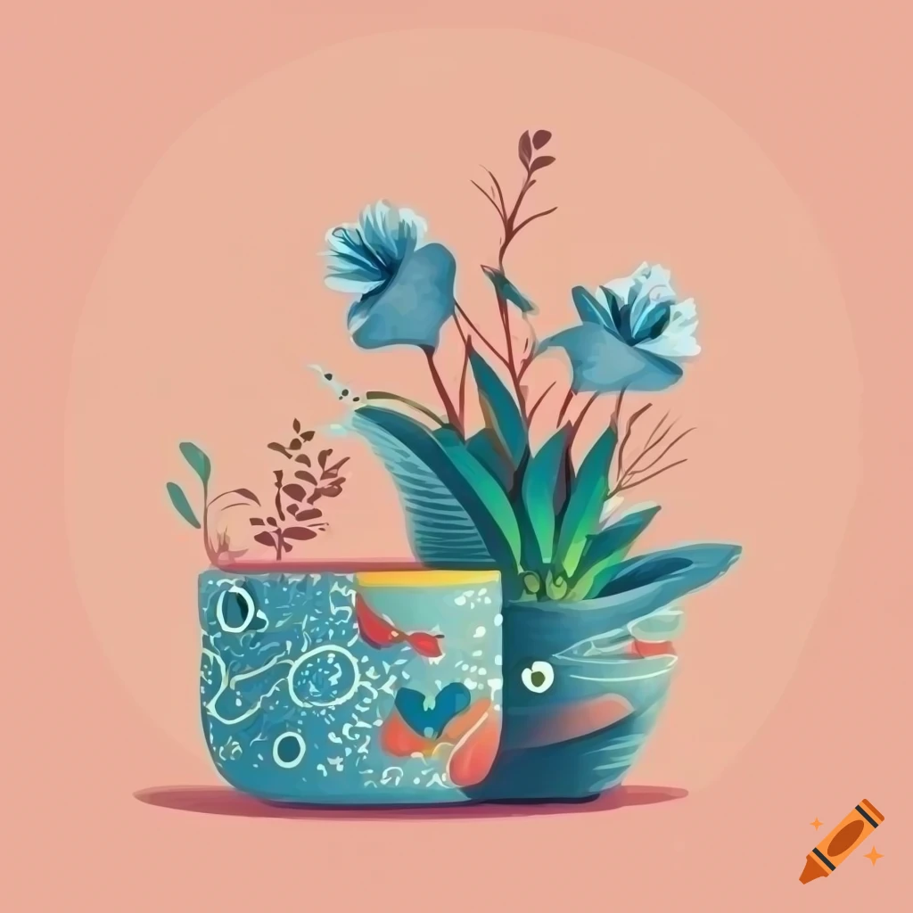 Surreal flat design of decorative pot and flowers with an eye in the center of the petals on a table with patterned tablecloth and a morning window