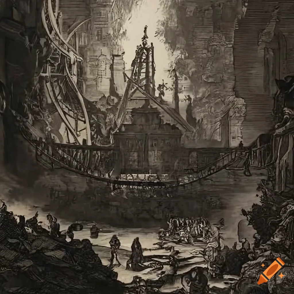 Daylight desert scene with children on an intricate roller coaster in black and white etching style