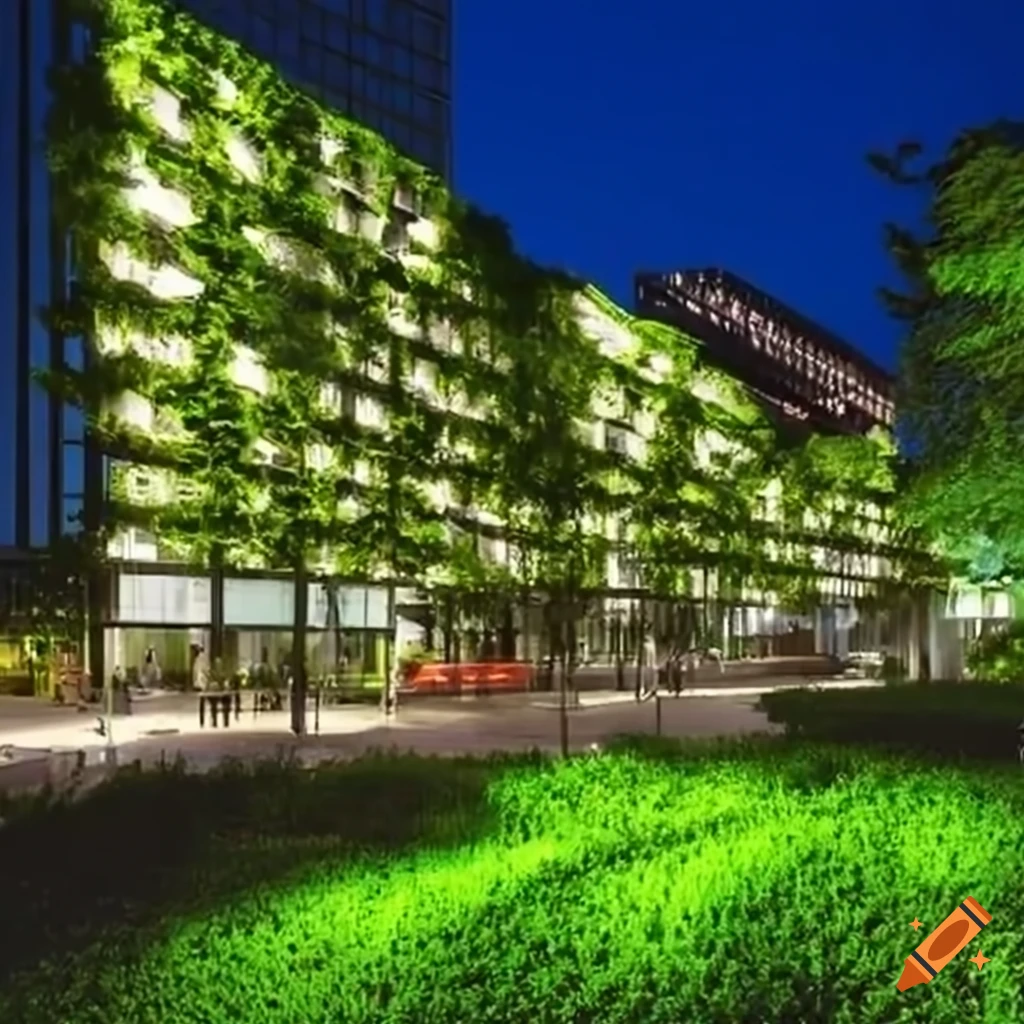 Sustainable architecture public square in a lush green suburban center