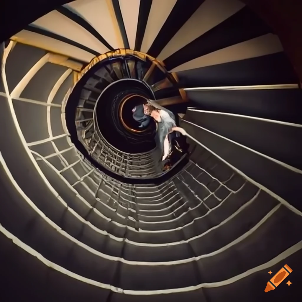 Wizard climbing a dark spiral staircase