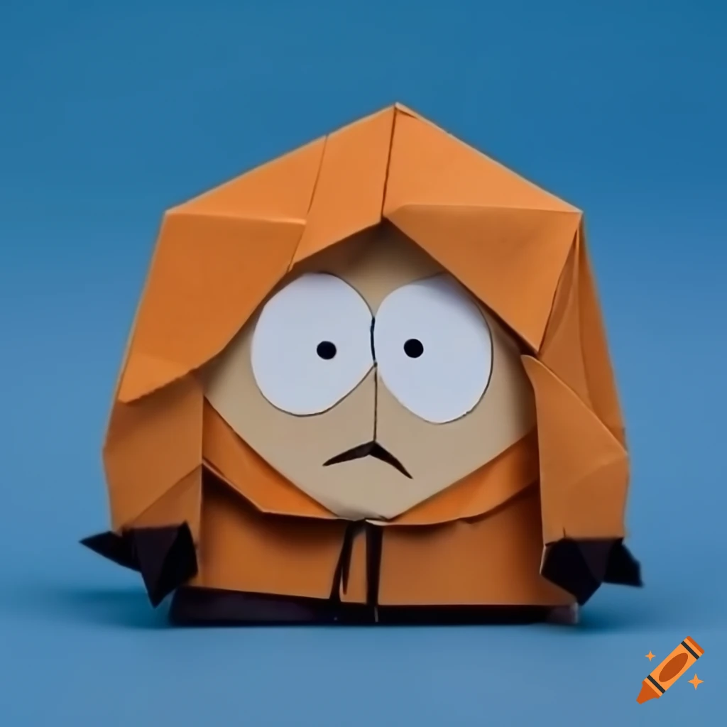 Origami art of Kenny McCormick on a blue background