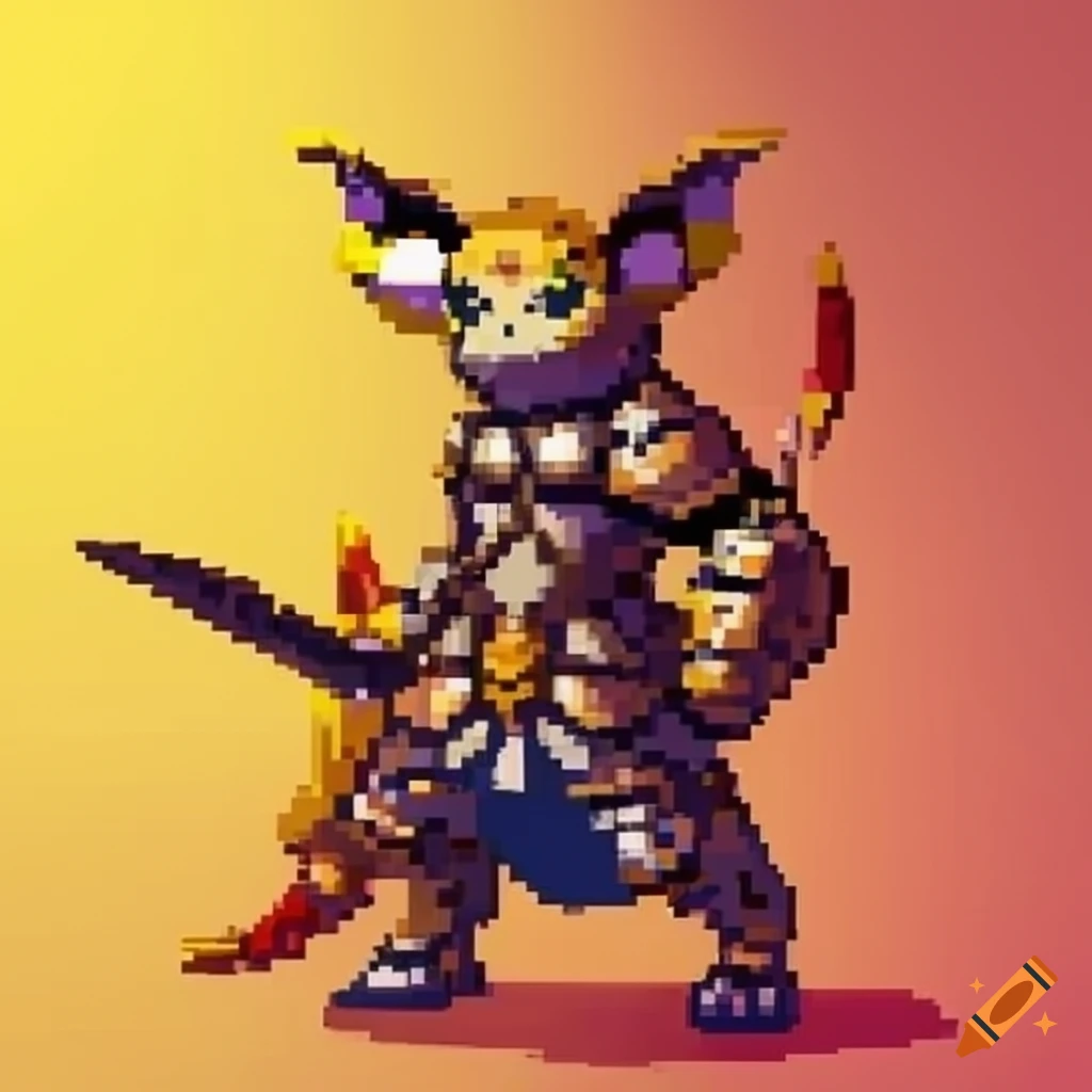 Anthro Raichu warrior in fantasy armor in pixel art style