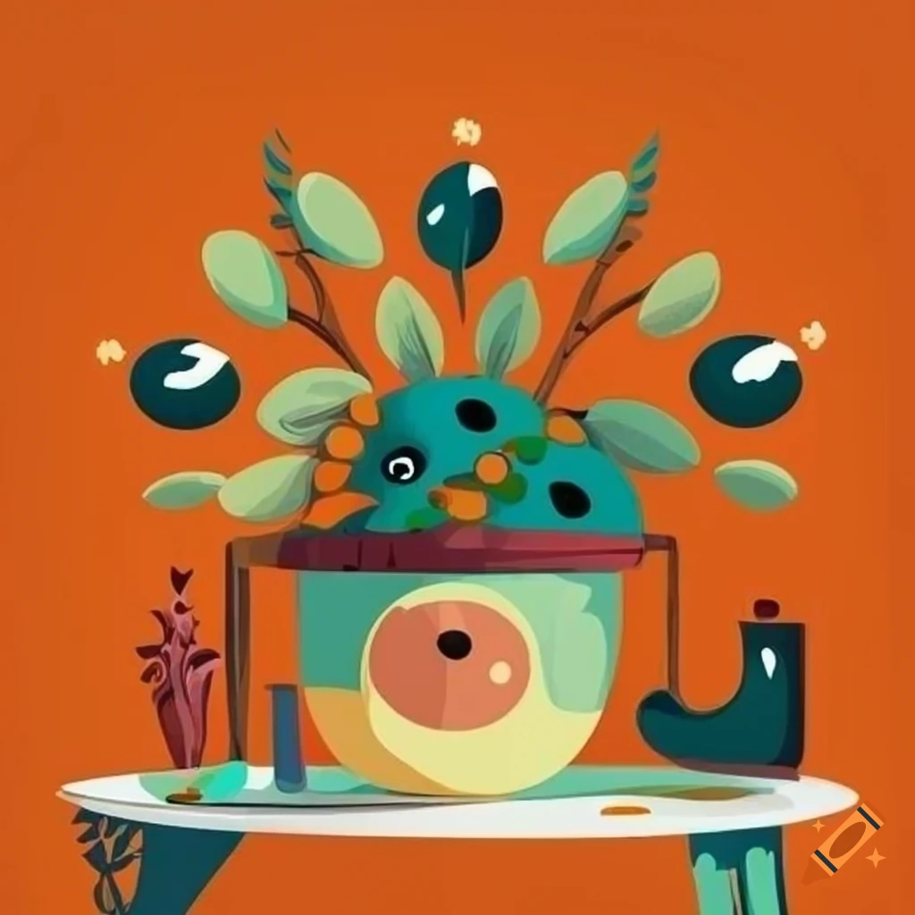Surreal flat design of decorative pot and cyclops eye flowers on a table with patterned tablecloth and a morning window