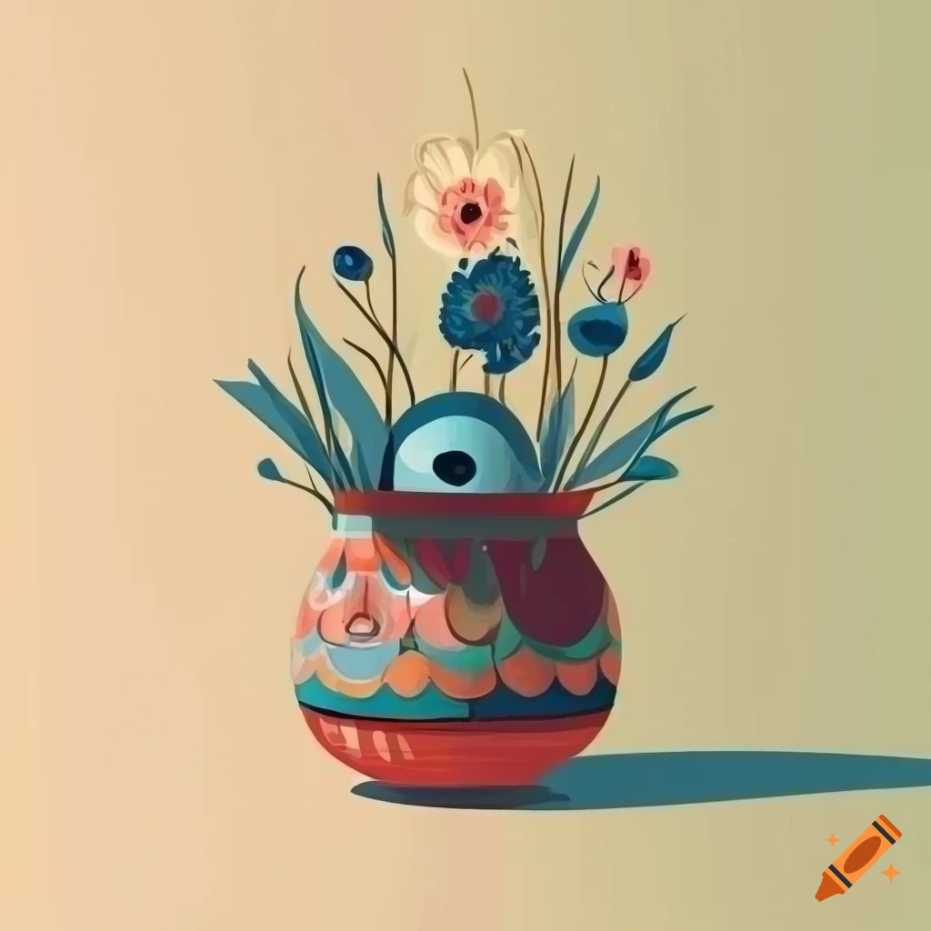 Surreal flat design of decorative pot and flowers with an eye in the center of the petals on a table with patterned tablecloth and morning window