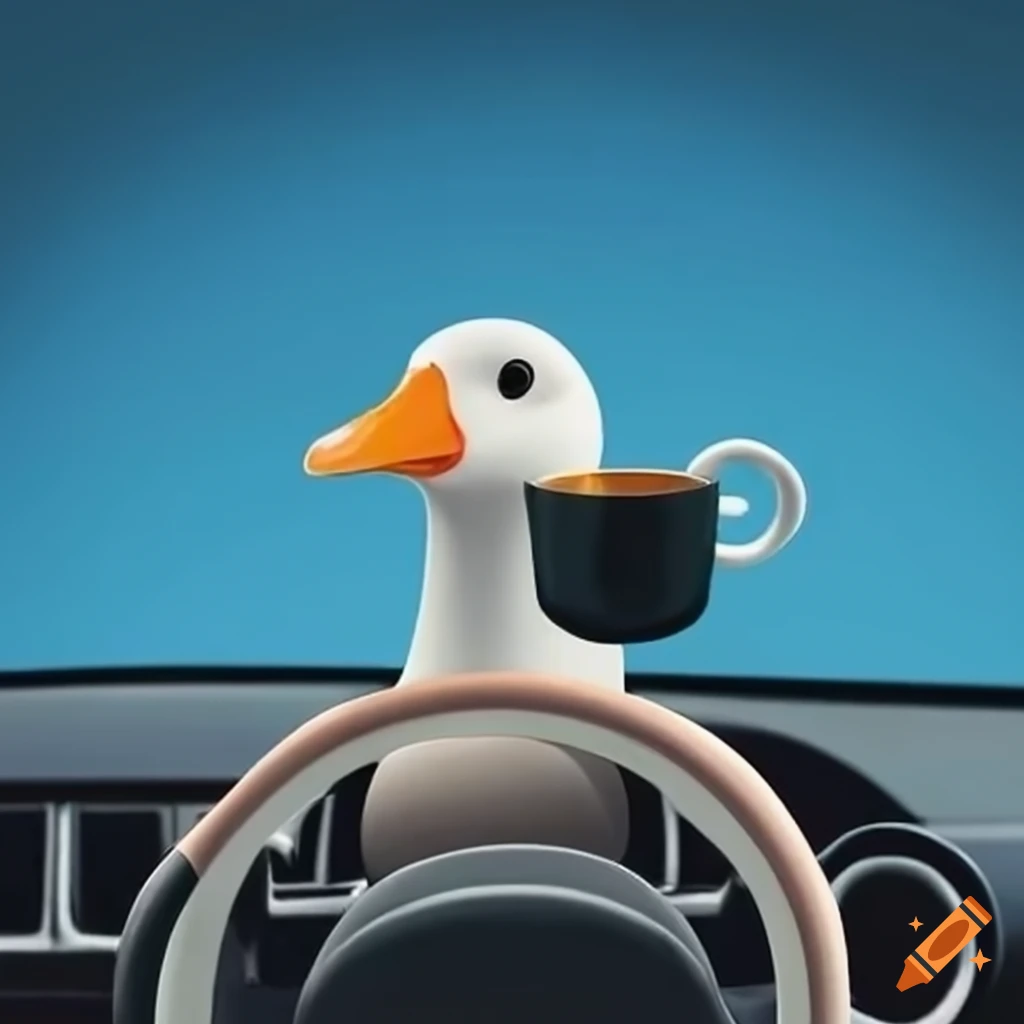 Goose with a coffee mug driving a car