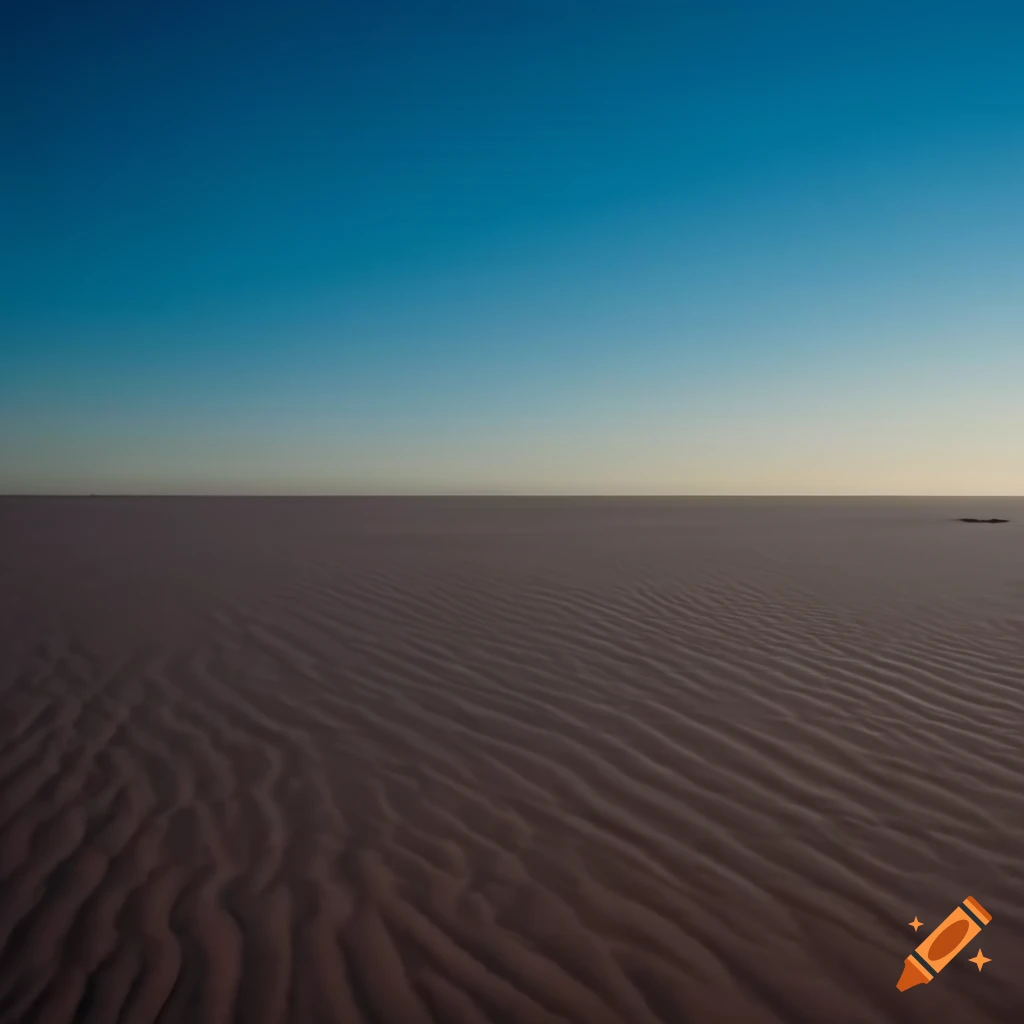 Deep blue sky with distant planets over horizon mirage on light grey sand