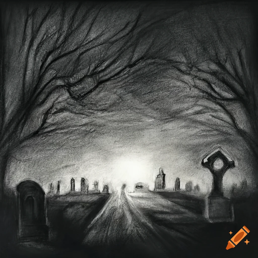 Spirits dancing in a graveyard in a charcoal drawing on Craiyon