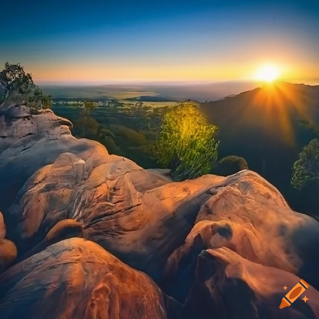 Australian landscape with eucalyptus trees, limestone cliffs, and sun