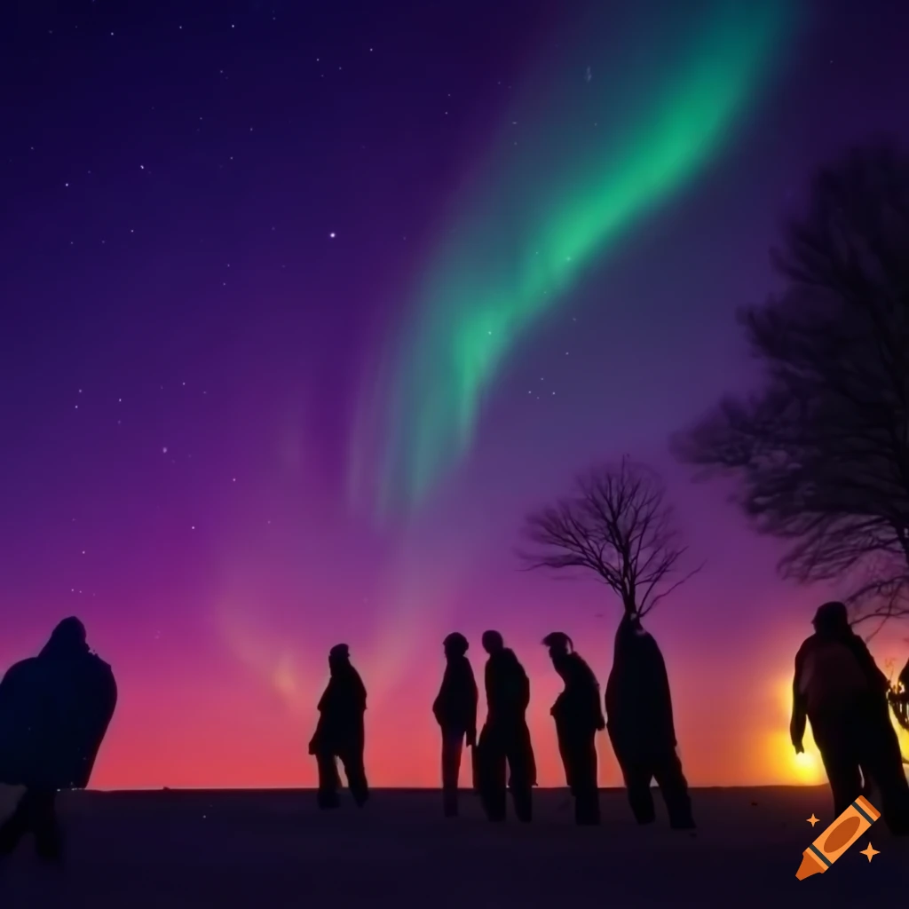 Friends enjoying each other's company with auroras in the background