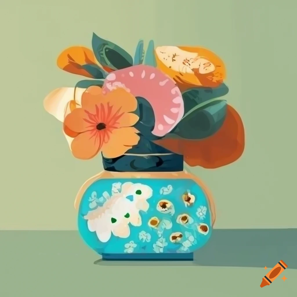 Surreal flat design of decorative pot and flowers with an eye on a table with patterned tablecloth and morning window