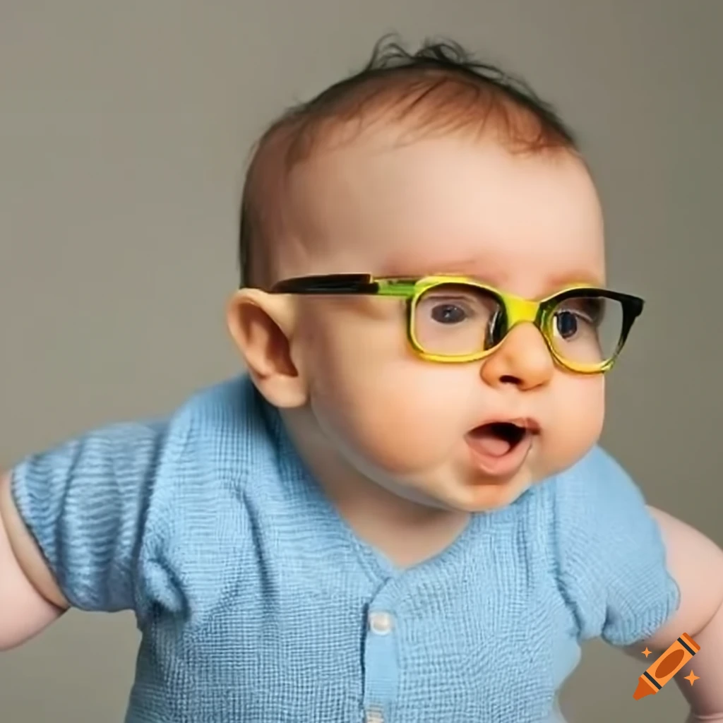 Baby wearing yellow glasses and blue outfit on Craiyon