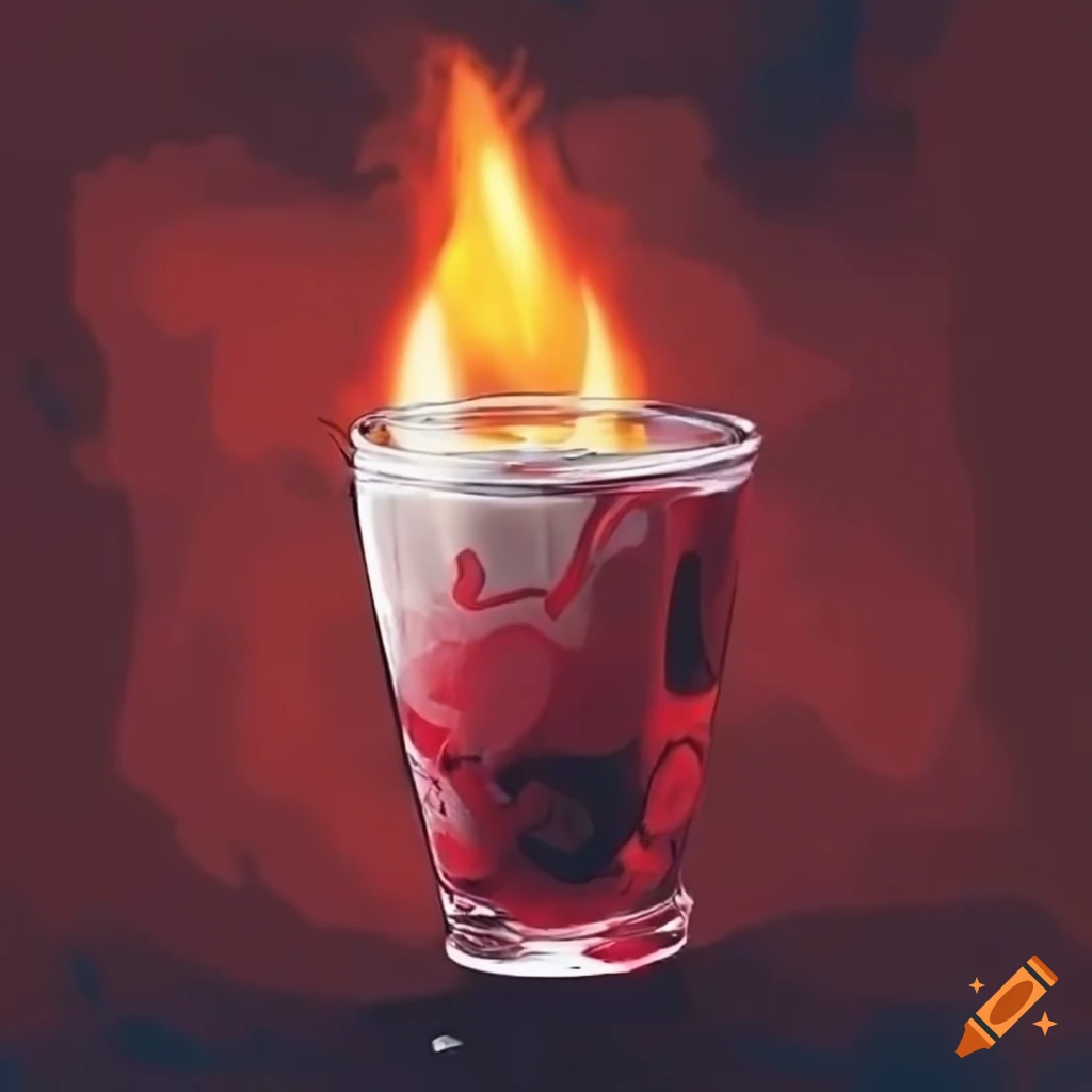 Shot glass with red drink and flame, "Let's drink!" print