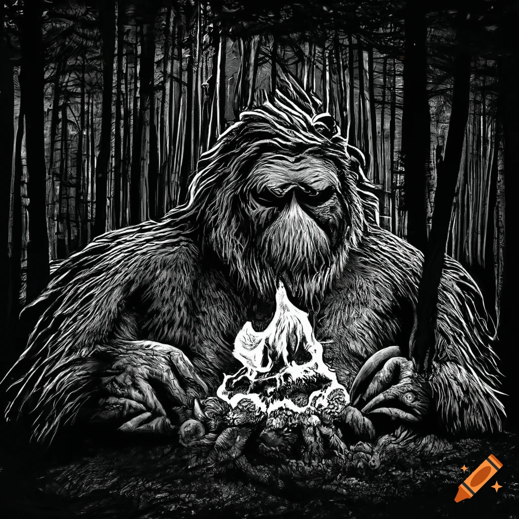 Peaceful bigfoot family by the fire under a crescent moon in the forest