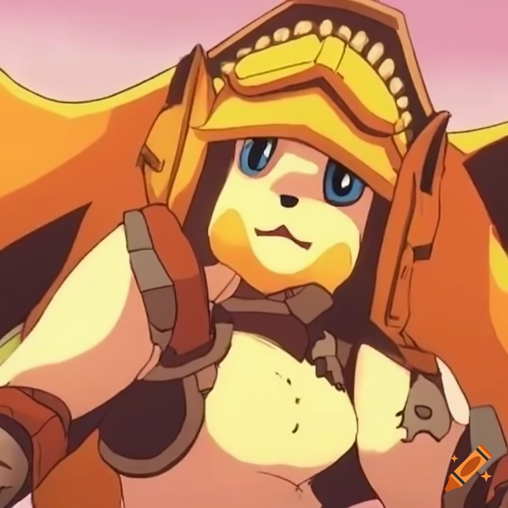 Anthro Raichu warrior in fantasy armor with 1980s retro anime style