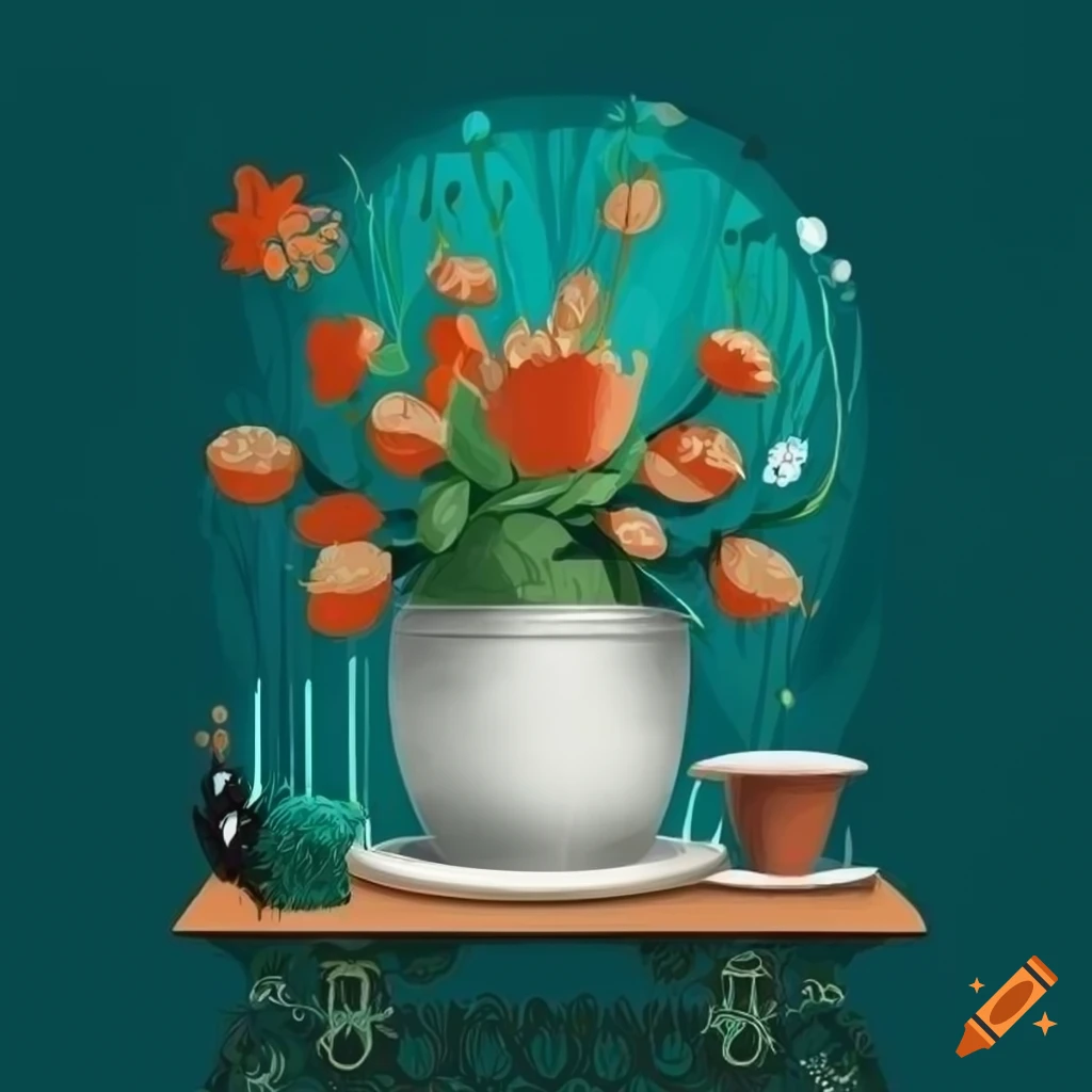 Surreal flat design of decorative vase and two eye-shaped flowers on a table with patterned tablecloth and morning light coming through the window