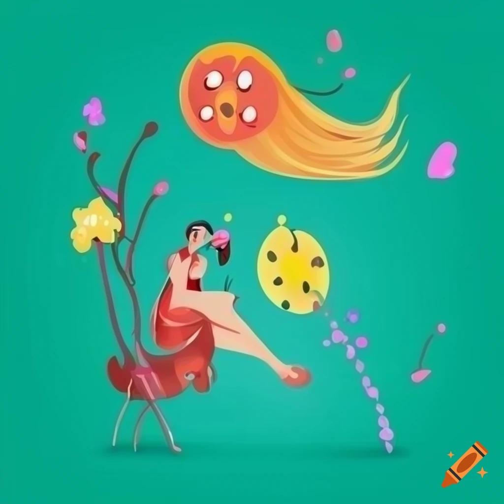 Abstract flat design scene with surreal emoticons, transparent elements, hands, arrows, numbers