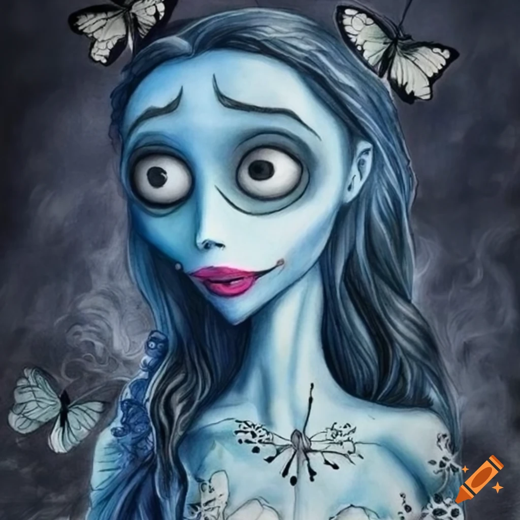 Corpse Bride surrounded by butterflies in colored pencil art