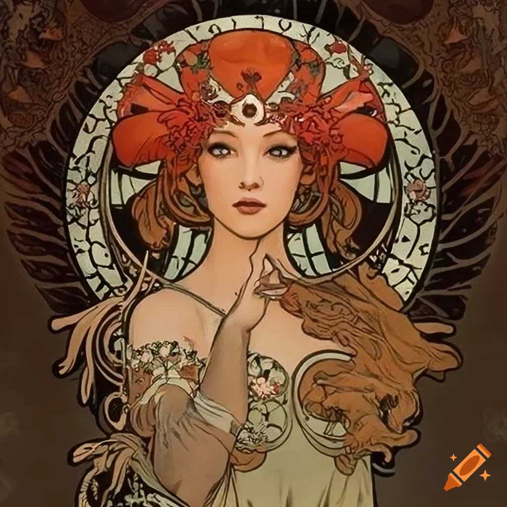 Monochrome alphonse mucha poster of a fortune teller with a crystal