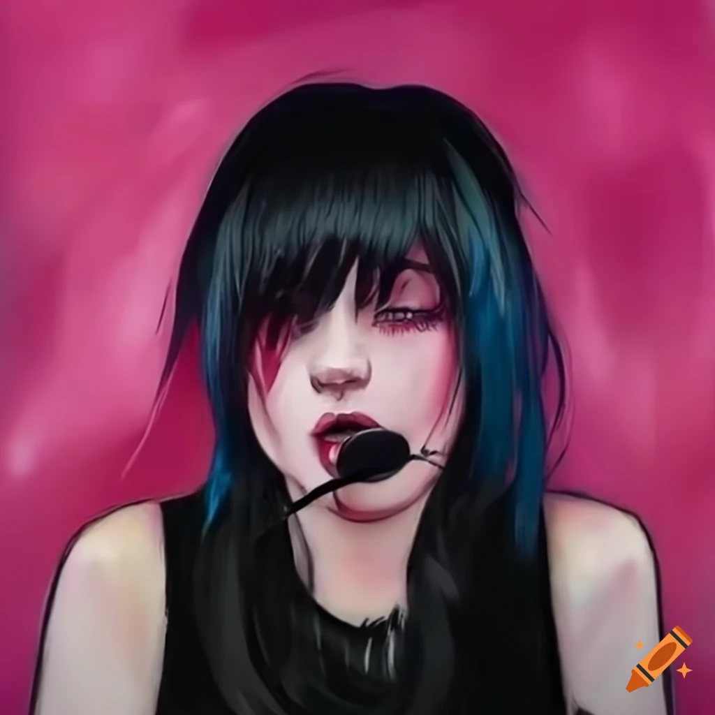 Emo girl with black hair and pink bangs singing into a microphone