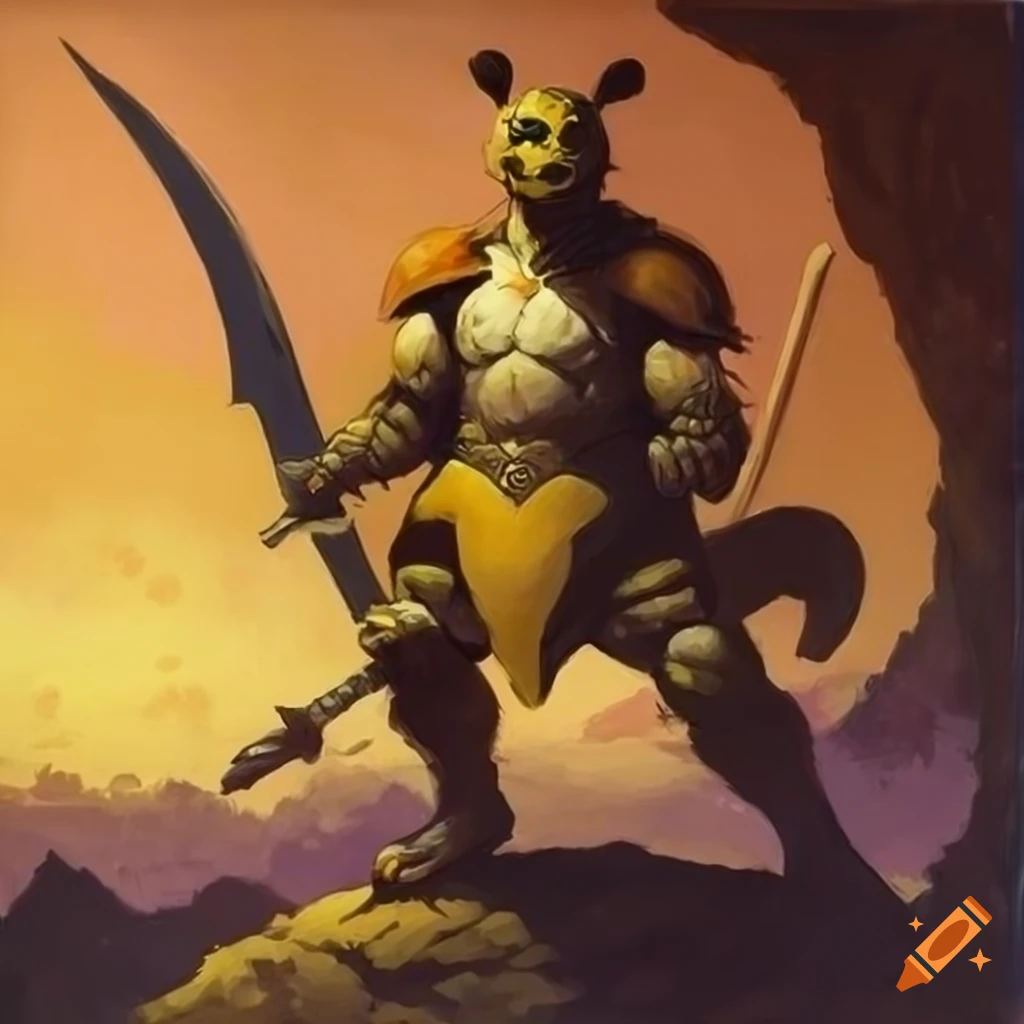 Anthro Raichu warrior in fantasy armor by Frank Frazetta