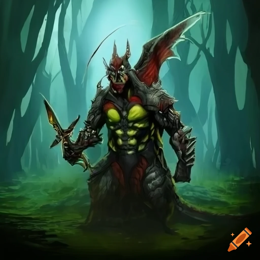 Spawn and Dragonite clash swords in a magical forest fantasy illustration