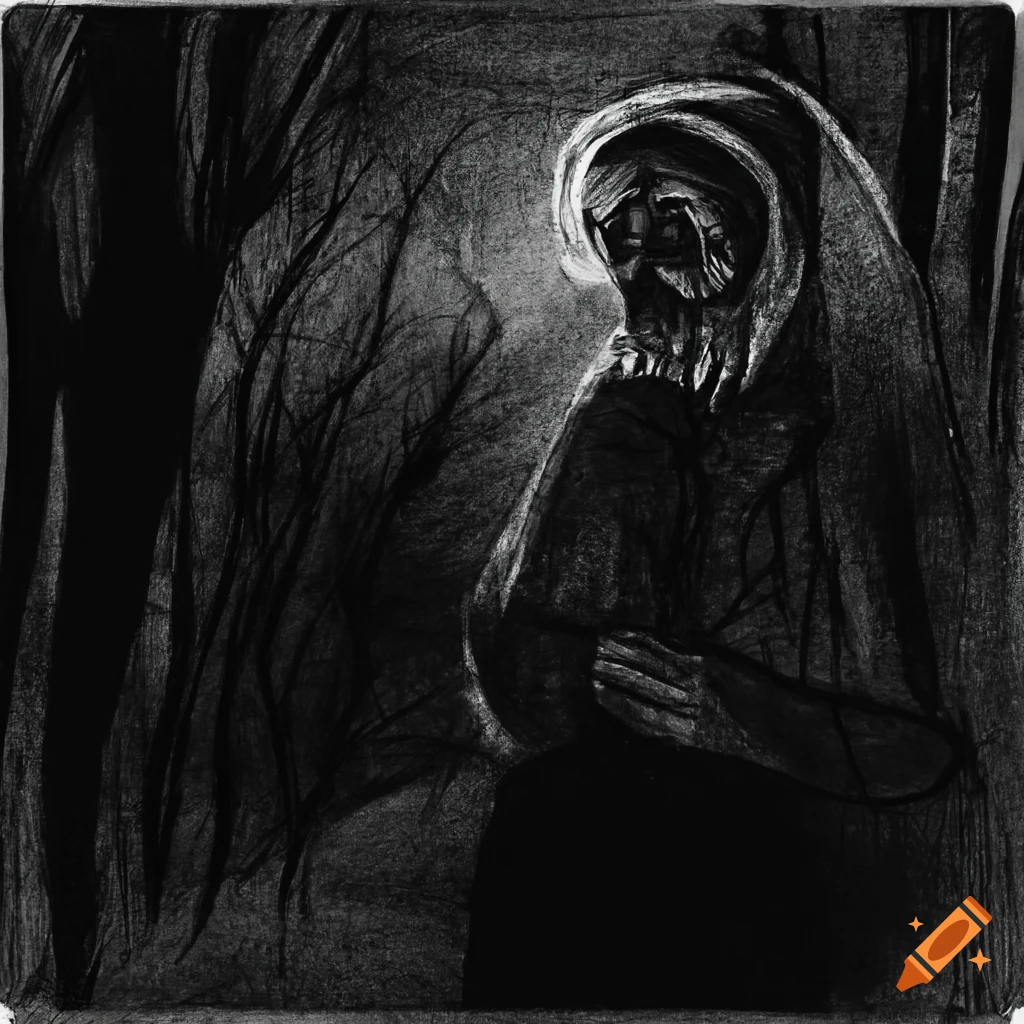Scary old peasant woman in a village at night, charcoal drawing