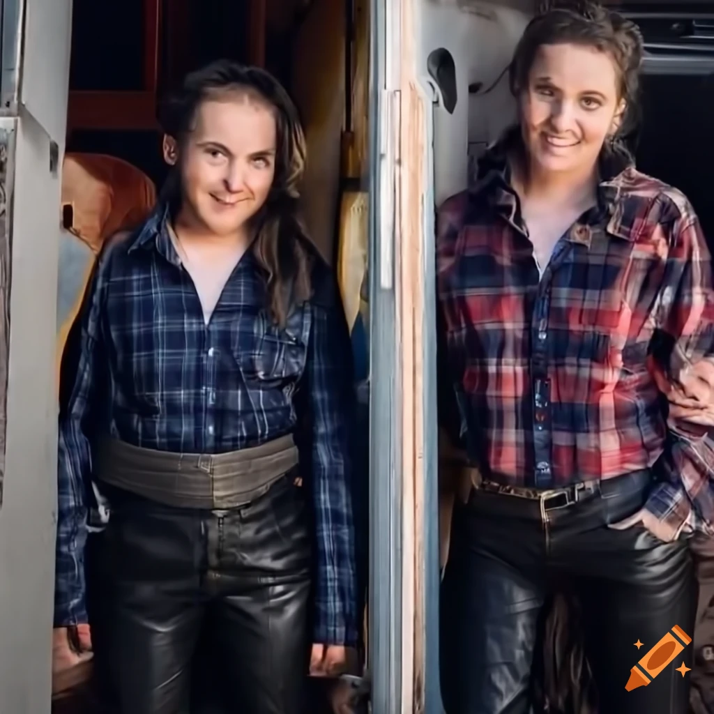 Irimia twins singers in country style standing in doorway of old caravan trailer
