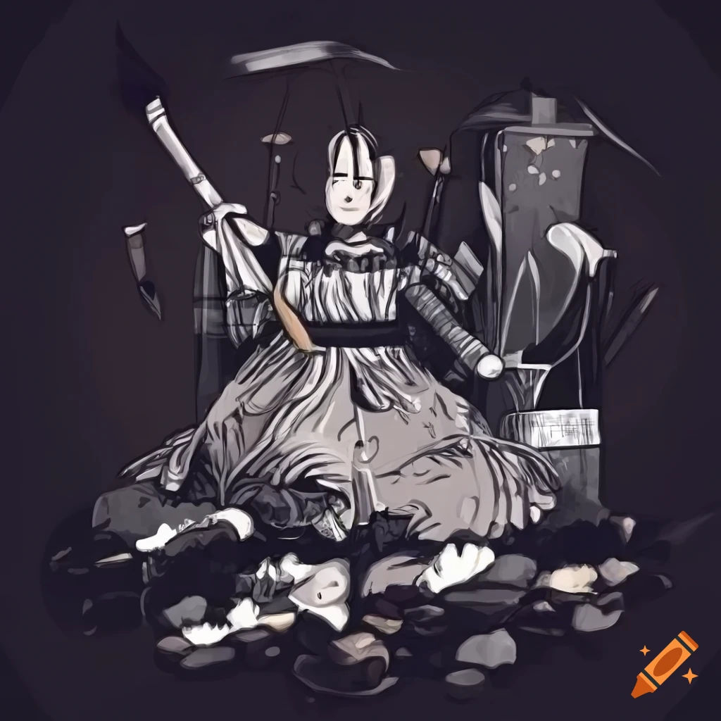 Landfill with fast fashion clothing pile and old swords in vintage black and white style
