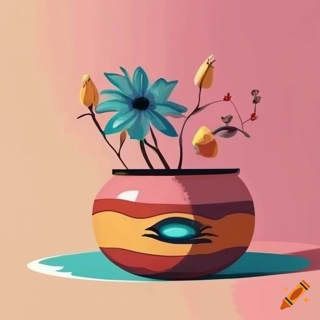 Surrealistic flat design of decorative pot and flowers with an eye in the center of the petals on a table with patterned tablecloth and a morning window