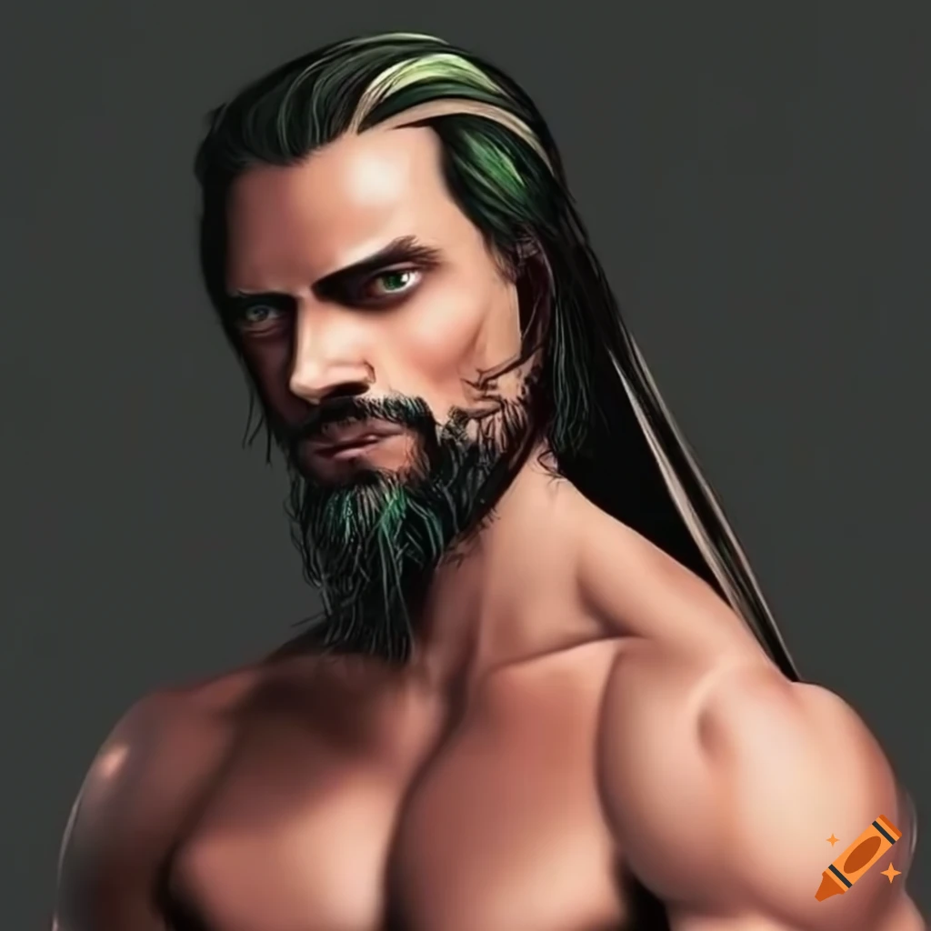 Muscular man with long black hair and red/green streaks