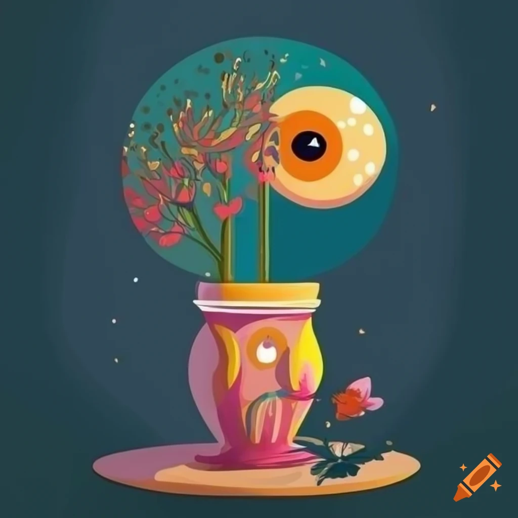 Surrealistic flat design of decorative pot and cyclops eye flowers on a patterned table with morning light through a window
