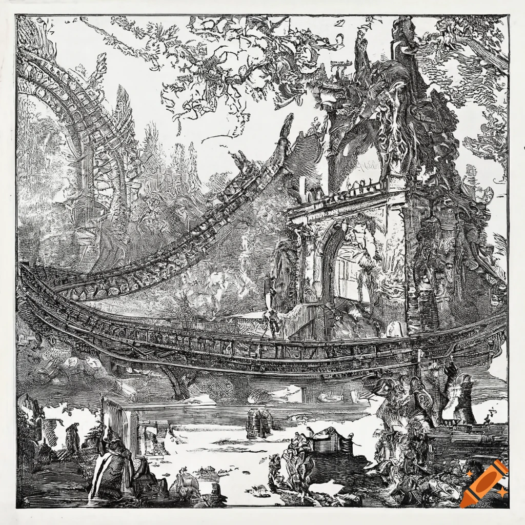 Daylight desert scene with children on an intricate roller coaster in black and white etching style