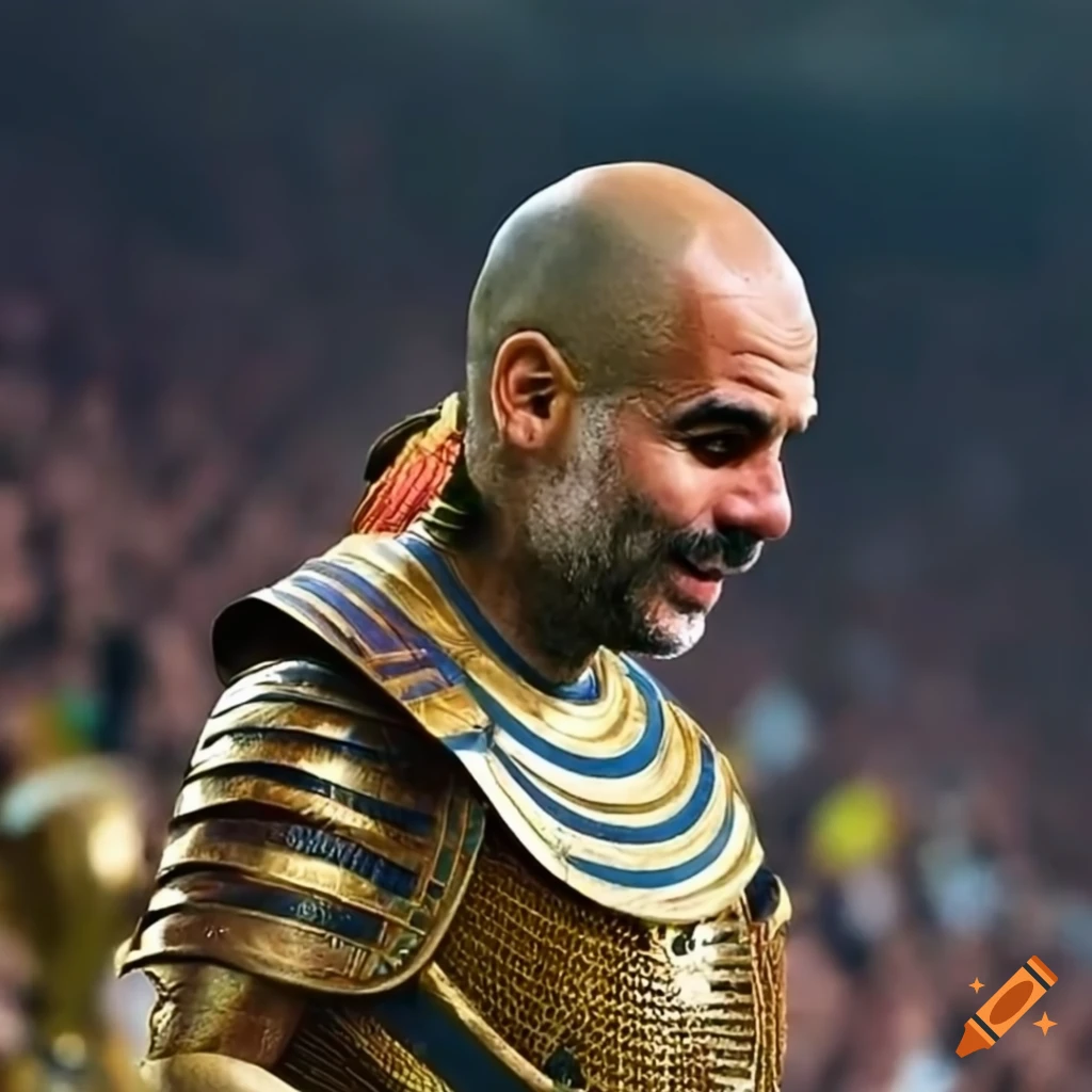 Pep guardiola in egyptian pharaoh armor with soccer stadium fans