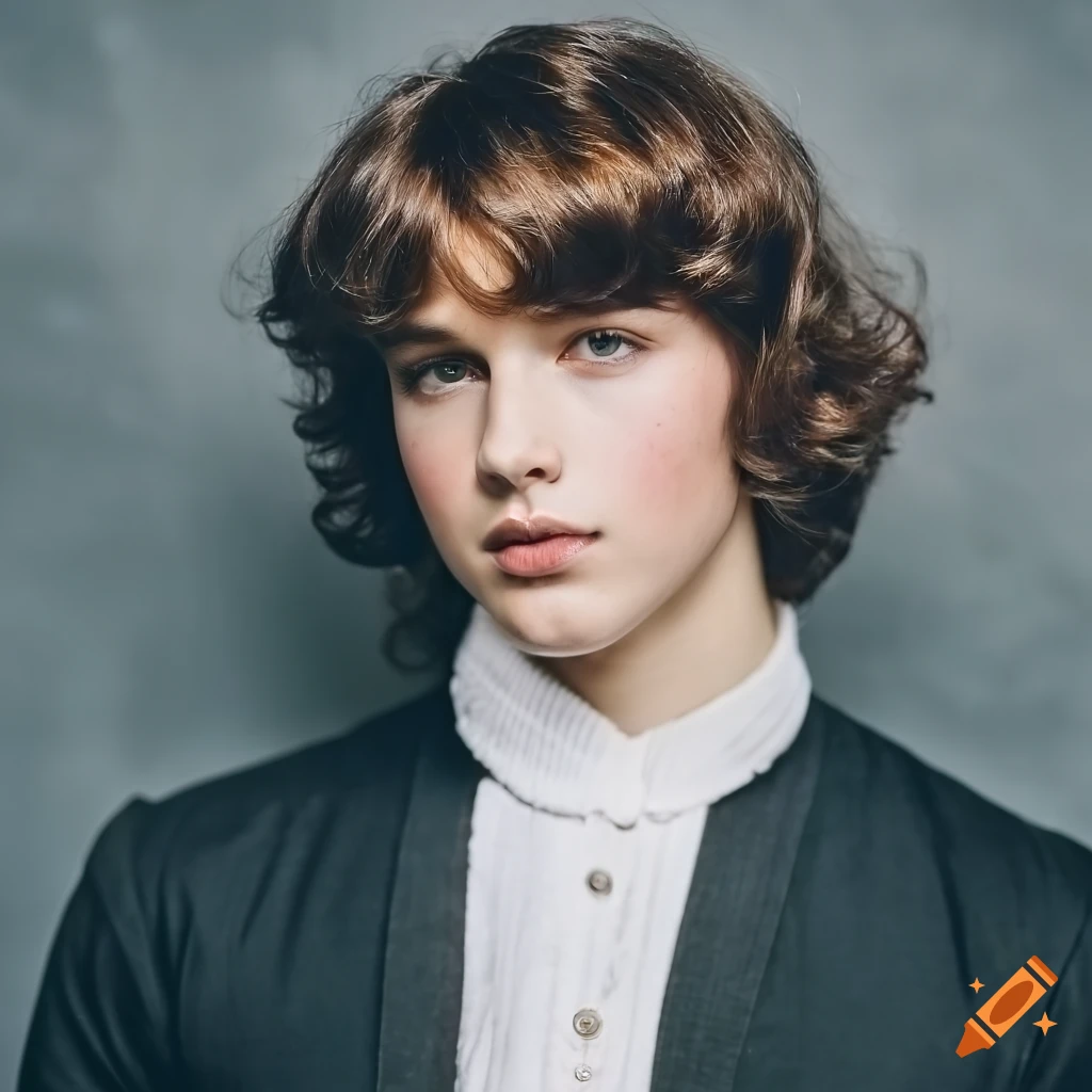Young male model with big emerald eyes and wavy hair in 19th-century clothing