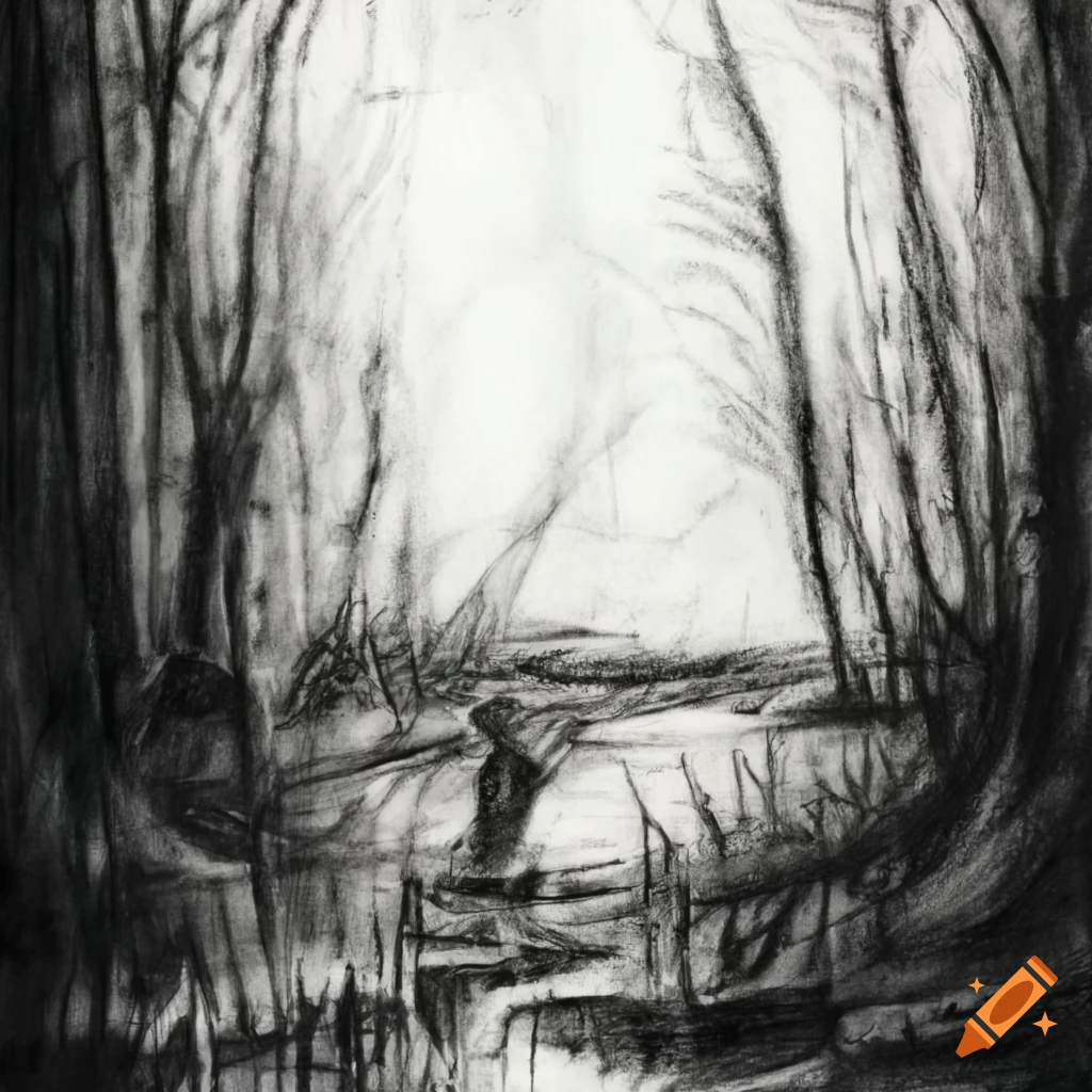 Sinister old peasant woman rising from the swamp in a charcoal drawing
