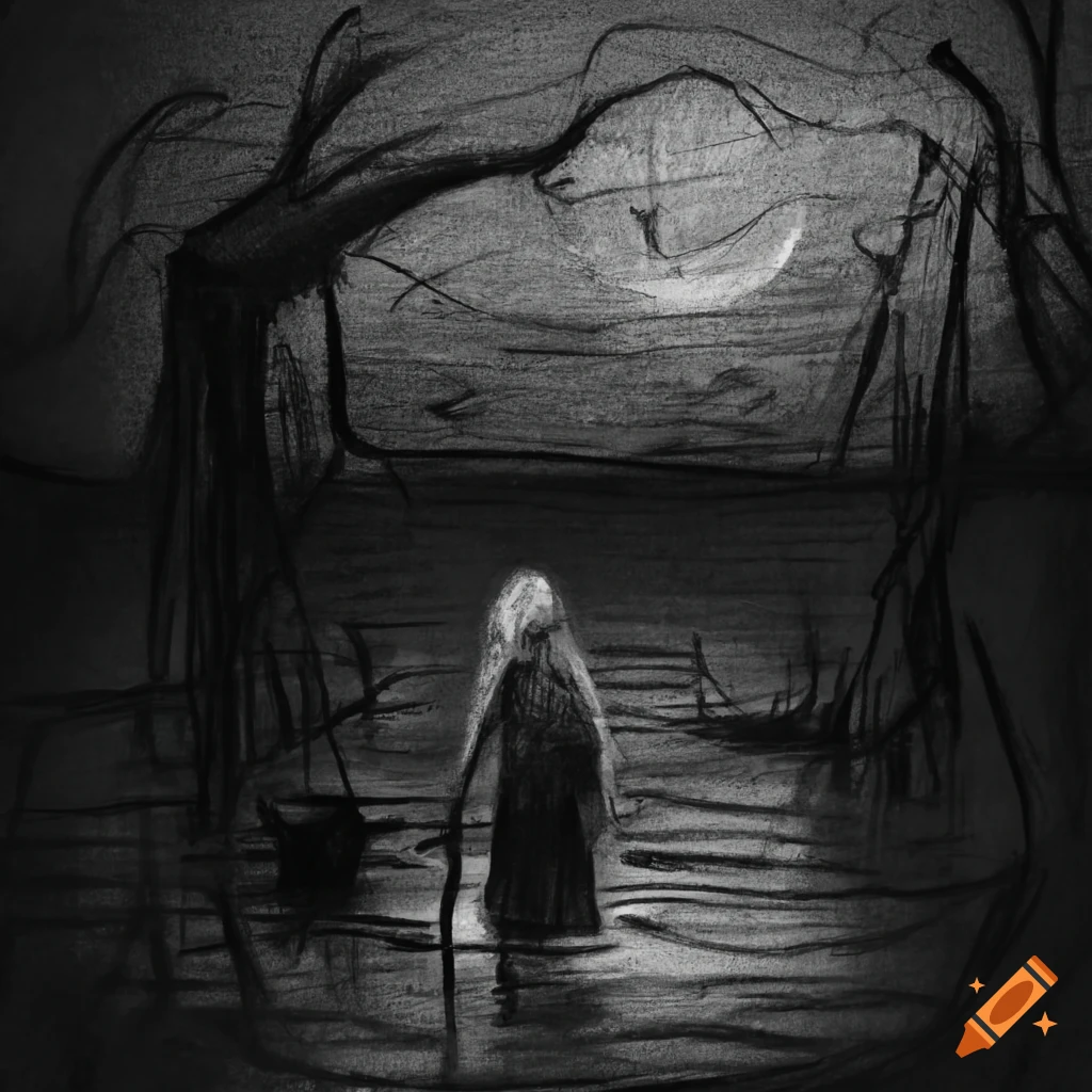 Scary old peasant woman emerging from a swamp in a charcoal drawing