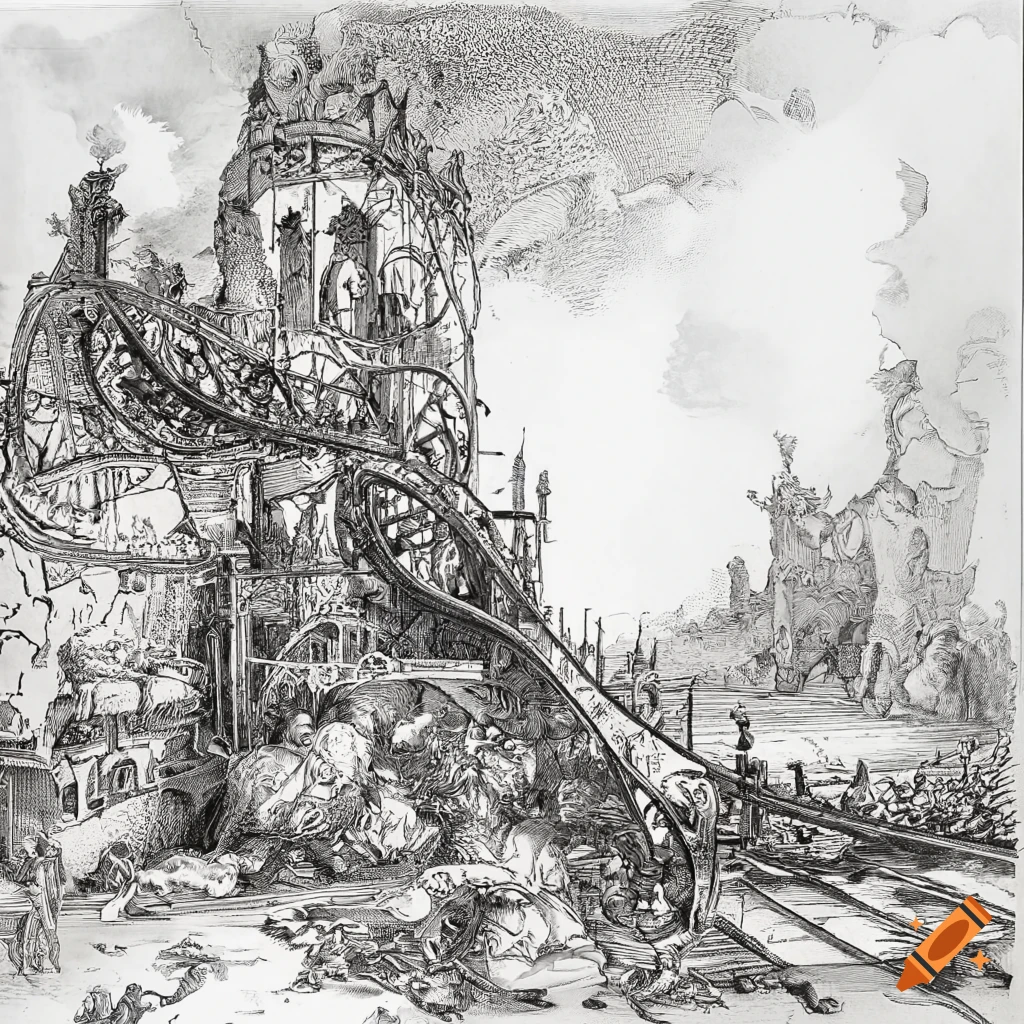 Daylight desert scene with children on an intricate roller coaster in black and white etching style