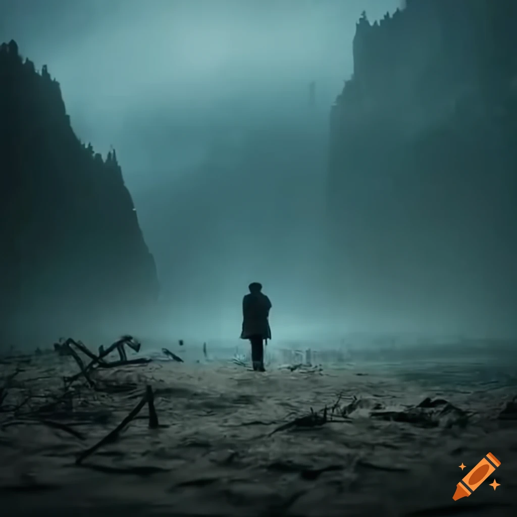 Lone traveler exploring a historical WW2 site in the rain