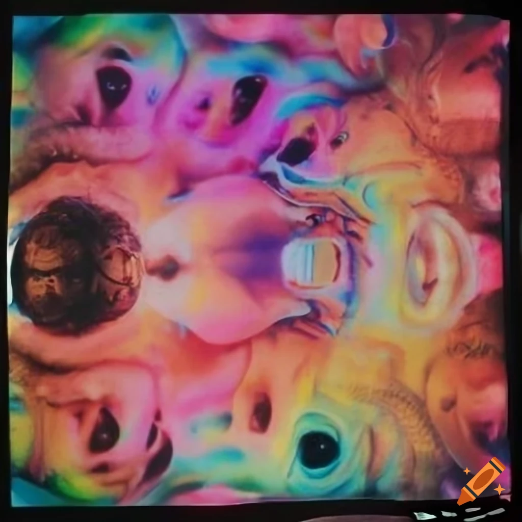 Surreal colorful 35mm film photo of electric creatures in an art gallery with helmets